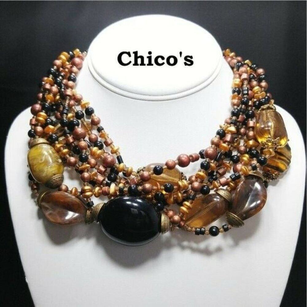 Chico's Lucite Multi-Strand Beaded Necklace, 9 Strand, Brown Black Gold, 20 Inch